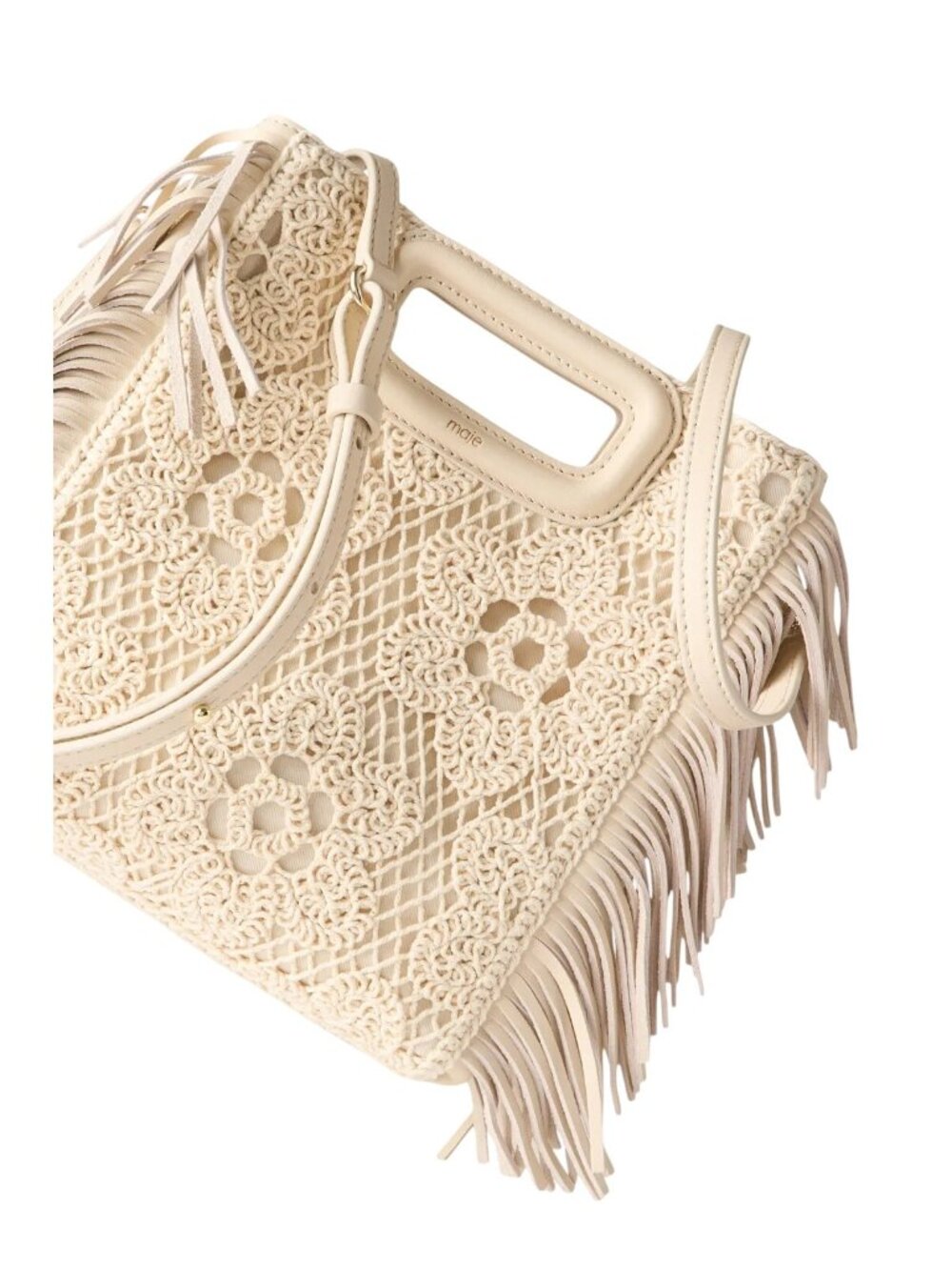 Maje Crochet Knit M Bag in Ecru Womens Fringe Crossbody Clutch